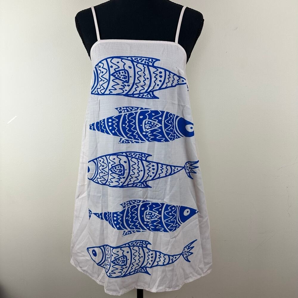 Womens Novelty Print Blue Fish Spaghetti Strap Sundress Coastal Beach Mini Dress